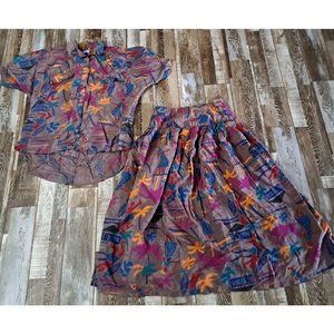 Womens Vintage Skirt Set 90s Graphic Tropical Surf Print Gray Rayon Blend S/M